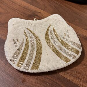 1980’s Antique Elegant Cream and Gold Handbag/Clutch with Silver Clasp